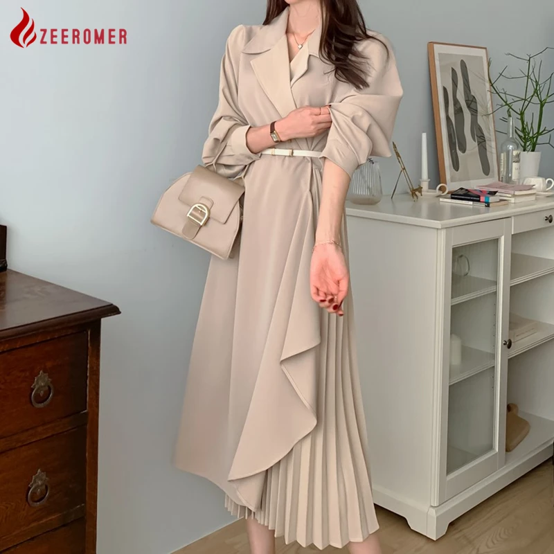 2023 Spring New Lapel Solid Color Long Sleeve Irregular Shirt Dress Korean fashion Elegant Pleated With Belt Maxi Party Dress