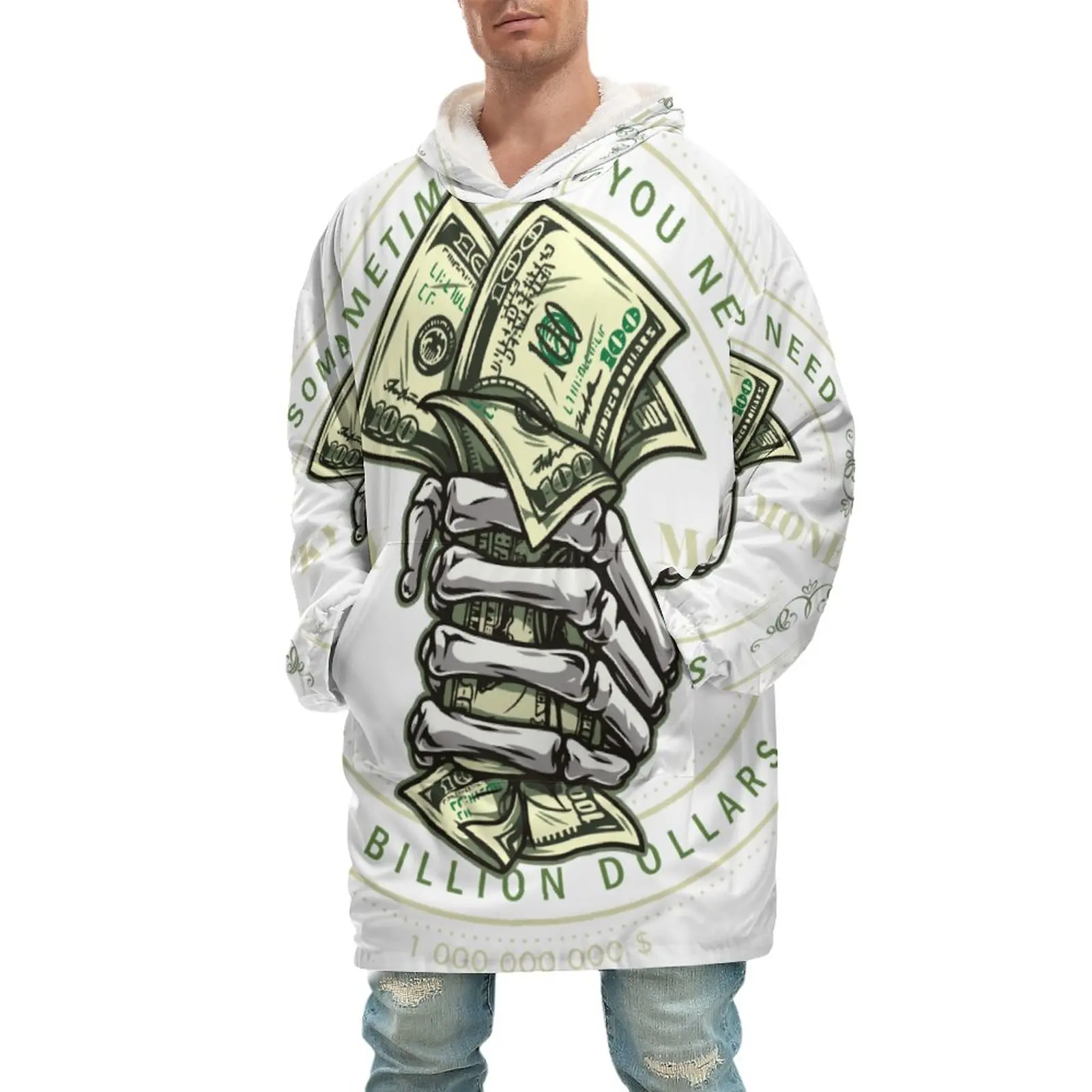 

Dollar Bills Skull Long Flannel Blanket with Sleeves Winter Hoodies Sweatshirt Women Men Pullover Fleece Giant TV Blanket