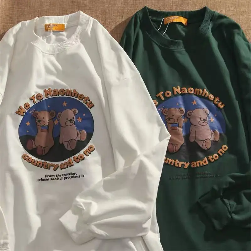 

Retro Dark Green Cute Bear Cartoon Crewneck Sweatshirt Long Sleeve Tops Women New Spring Kawaii Clothes Loose Y2K Korean Fashion