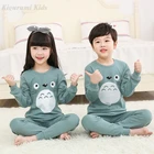 Пижамный комплект для мальчиков и девочек, из хлопка, с принтом синего кота, Топ с длинным рукавом + штаны, с изображением динозавра, медведя, детская одежда для сна