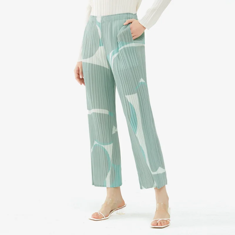 Summer new printed pants loose straight pants pleated loose and comfortable wide-leg pants sagging mid-waist trousers women