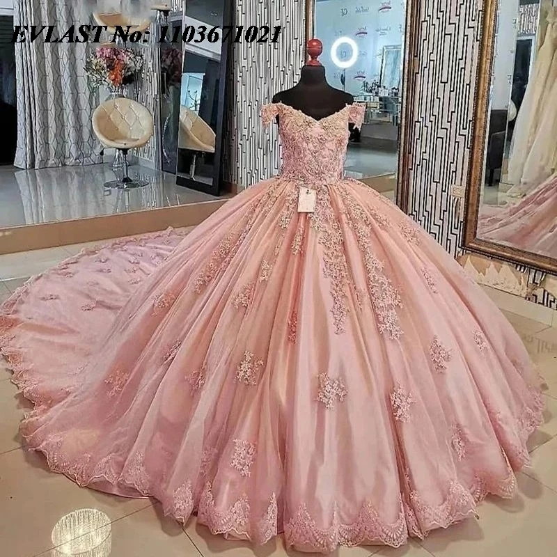 EVLAST Блестящее розовое платье Quinceanera бальное с кружевной аппликацией и бисером