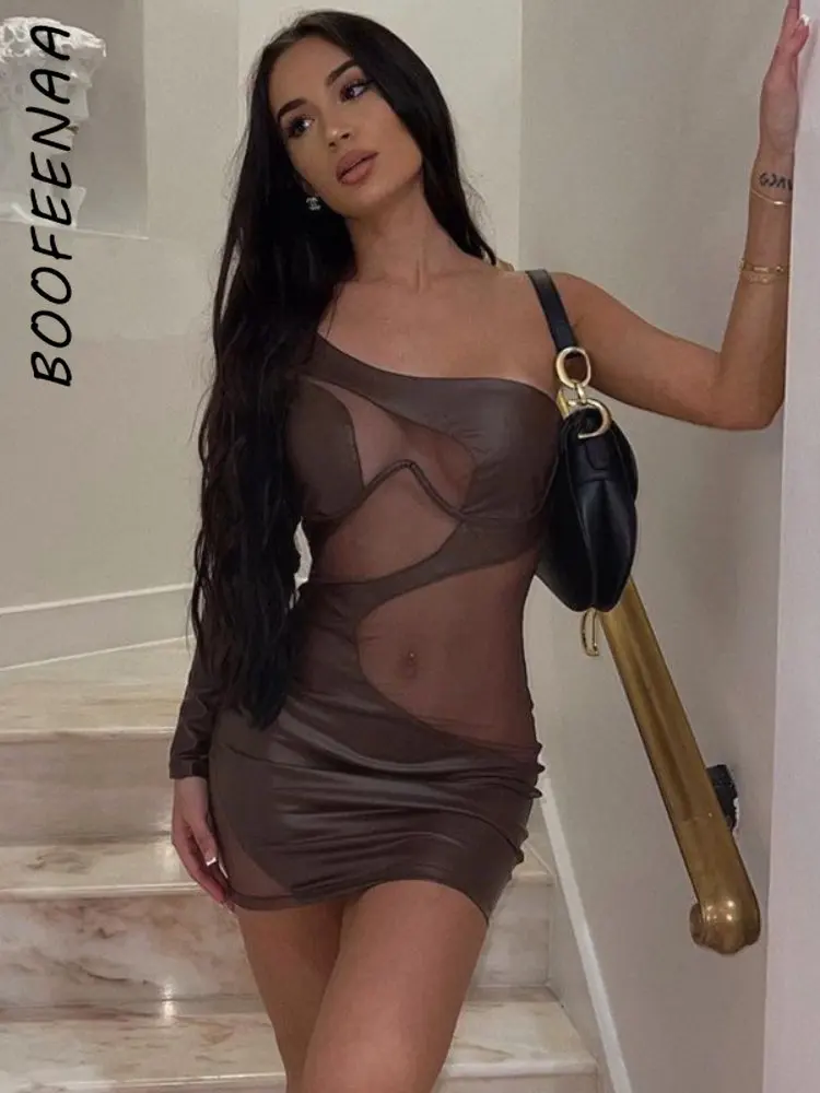 

Асимметричное Сетчатое мини-платье BOOFEENAA на одно плечо, блестящее Клубное платье для женщин