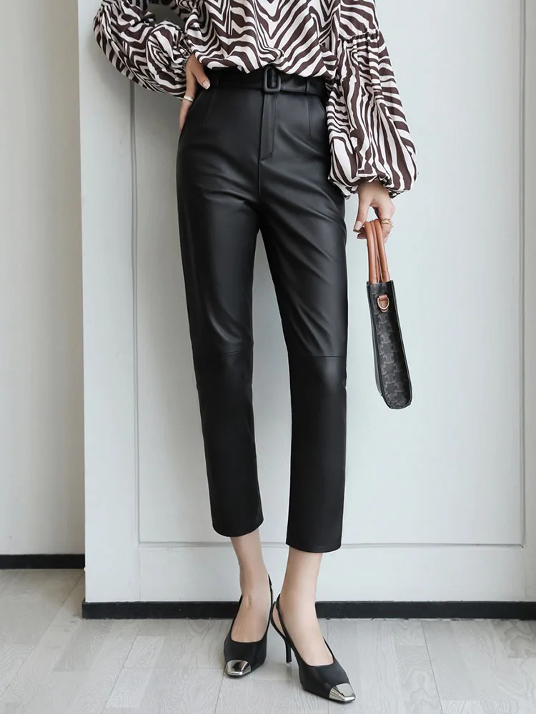 Korean Fashion Cargo Pants Women High Waist 2023 Spring New Genuine Leather Pants Slim With Belt Luxury Streetwear Trousers