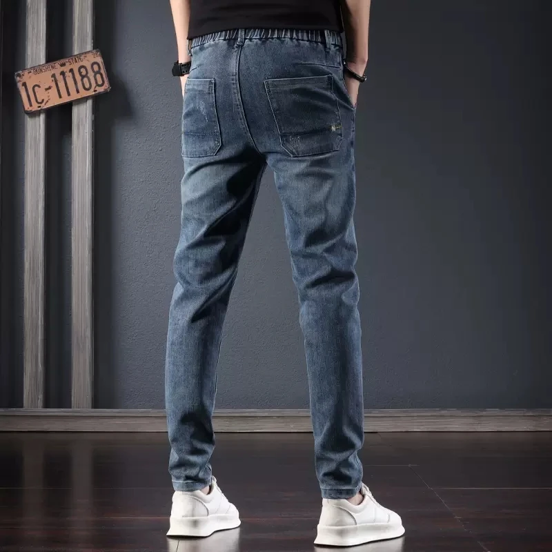 Elastic Waist Blue Jeans Men Casual Slim Fit Pencil Pants Fashion Korean Style Drawstring Denim Trousers CP2176