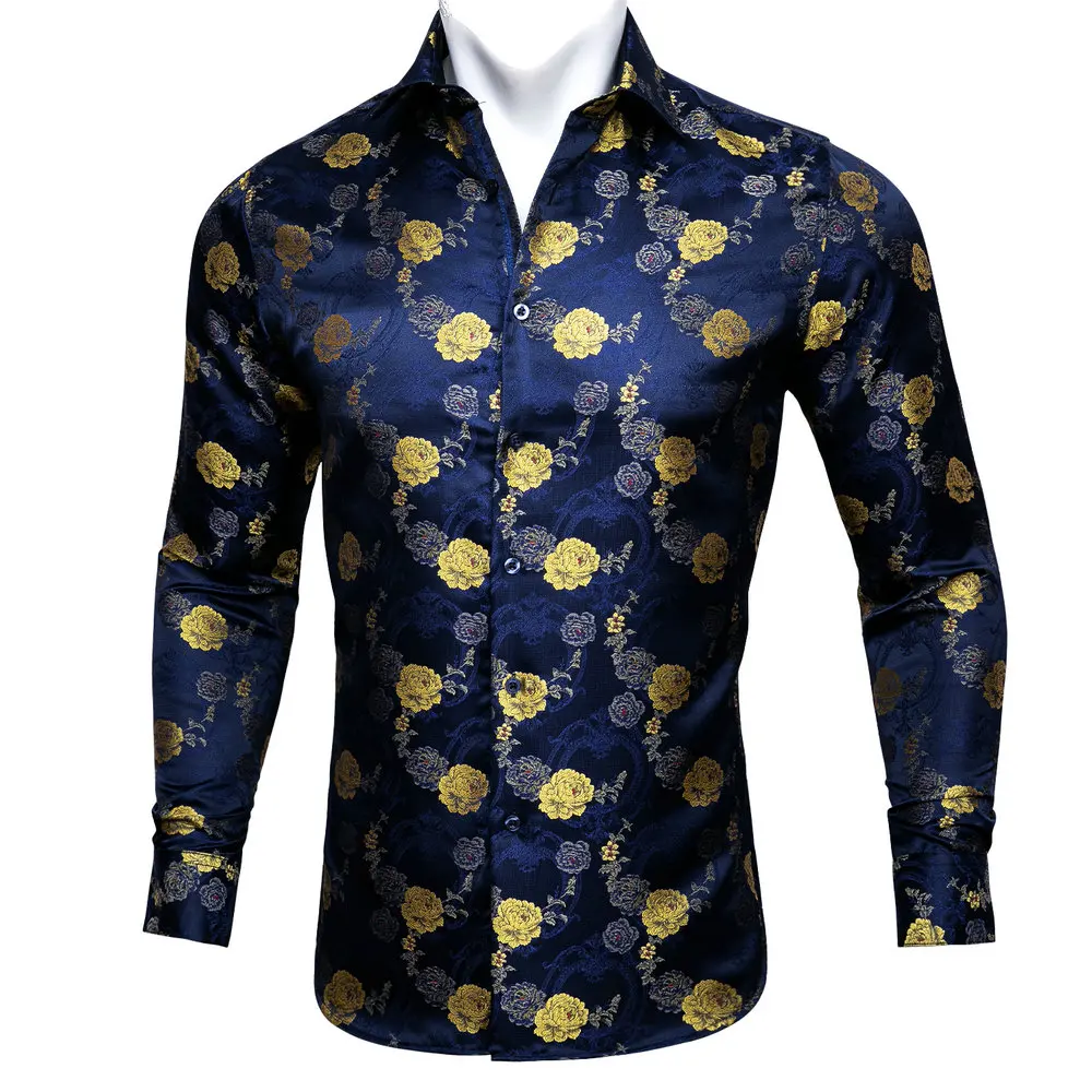 

New Blue and Gold Floral Long Sleeve Polyester Mens Shirt Casual Fit Jacquard Turndown Collar Business Wedding Party Barry.Wang