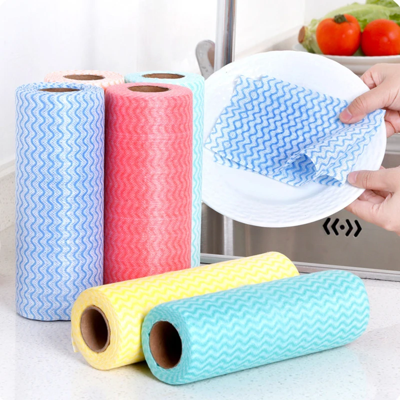 

50Pcs/Roll Kitchen Cleaning Dish Cloth Scouring Pad Oil-free Household Washable Eco-friendly Towel Non-woven Disposable Lazy Rag