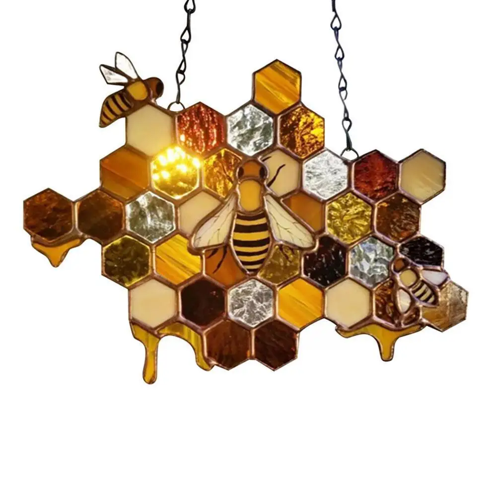 

Bee Honey Hanging Ornaments Honeycomb Wall Hanging Decorations Hanging Stained Art Garden Ornament Wall Decoration Suncatch L1F0