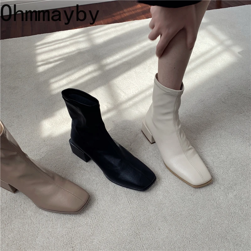 

Autumn Thin Ankle Boots For Women 2022 Square Toe Elegant Chelsea Boots Soft Leather Lady Office Fashion Mid Heel 5CM Shoes