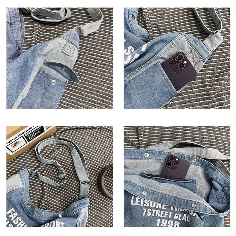 Letter Print Denim Shoulder Bags For Women Qualitied Shopper Eco Bag Korean Canvas Messenger Bag Y2K Satchel Adjustable Strap