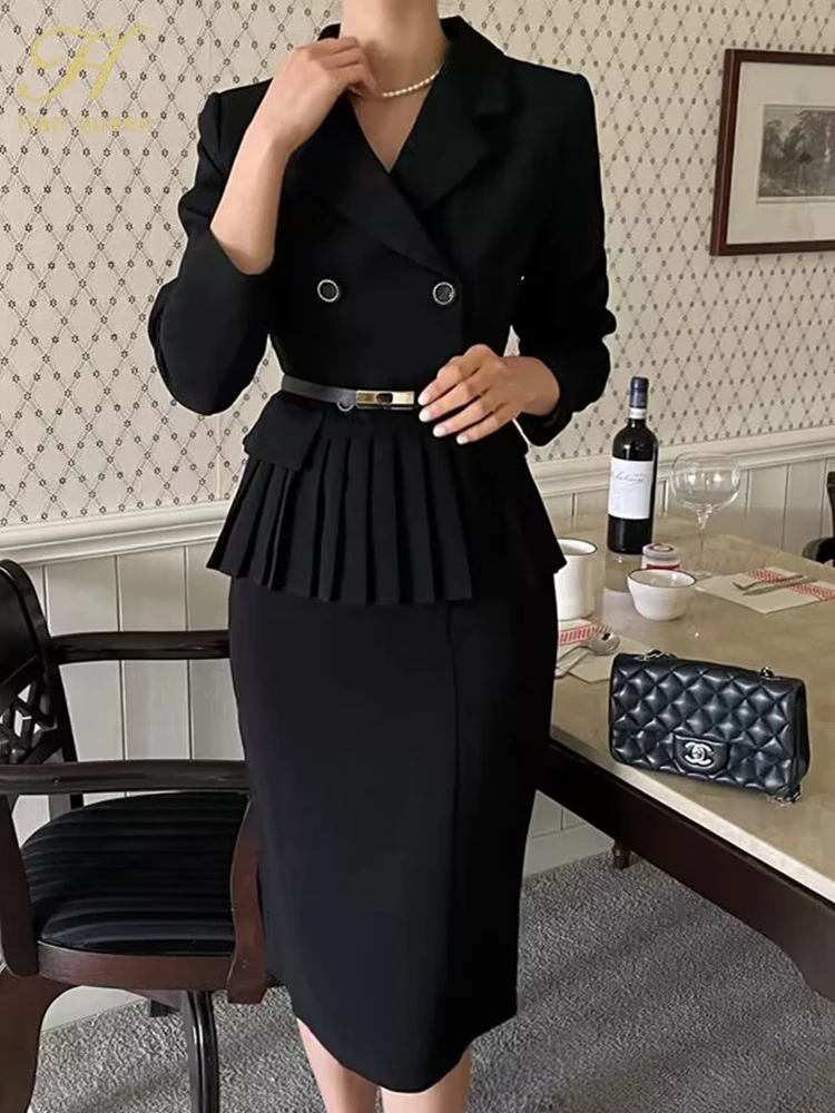 H Han Queen Spring Autumn Professional Office 2 Pieces Set Women Suit Top + High Waist Pencil Skirts Casual Simple Skirts Suits