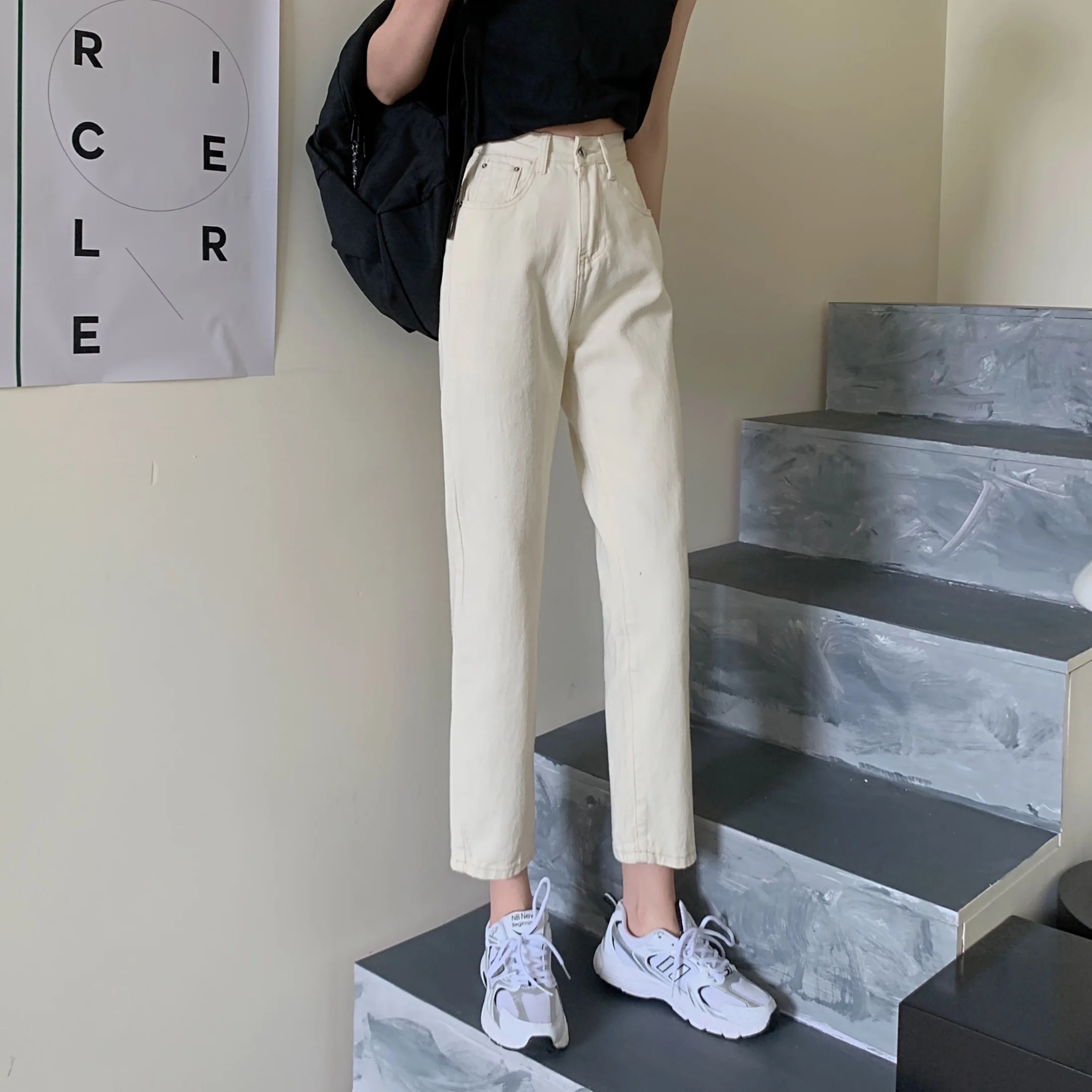 

DD1573 Straight Leg Jeans Women's New Year's New High Waist Thin Wide Legs Loose Nine Points Jeans