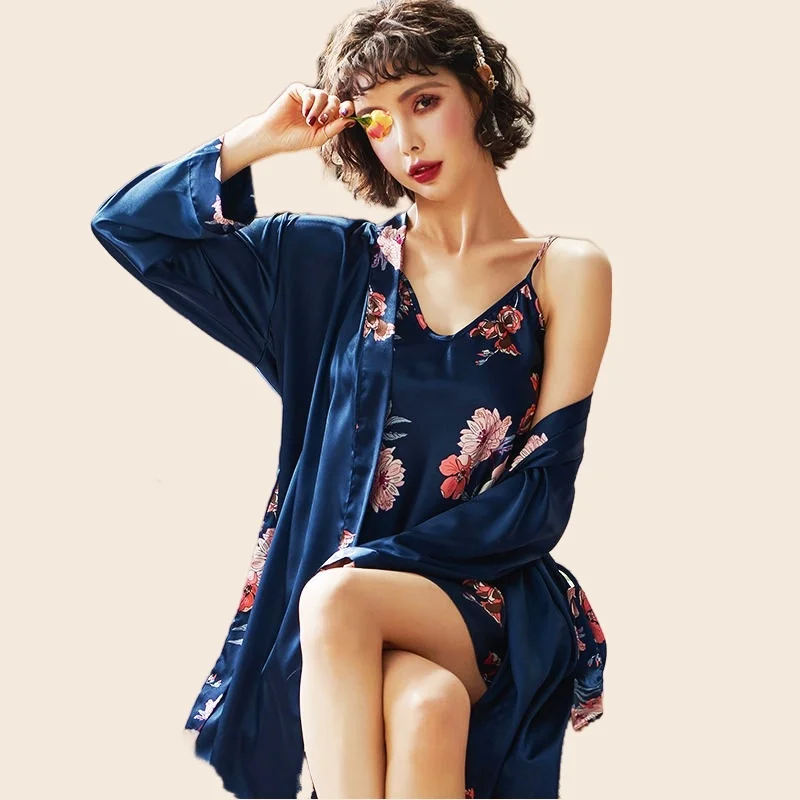 Women's Leopard Pajamas Set Full Sleeve Belt Robe Long Pants 2Piece/Set Rayon Silk Women Pyjama Cozy Homewear Sexy Stripe Pjs