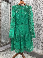 high quality lace dress 2022 autumn party events women allover crochet lace embroidery long sleeve apricot green dress vestido