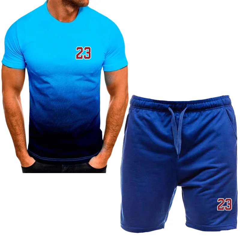 Letter printed men's summer sports shirt+pants set New sports set splicing 2023 summer men's jogging set