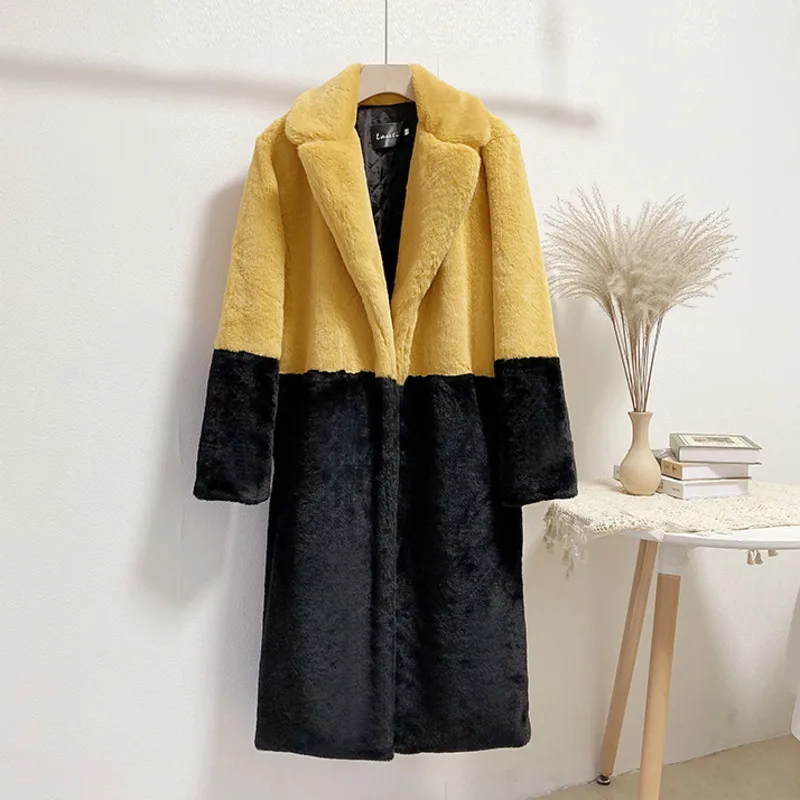 Korea Parka Winter Clothing Women Faux Fur Jacket long Color Matching Lapel OverCoat Female h Coat  x-long fur coats