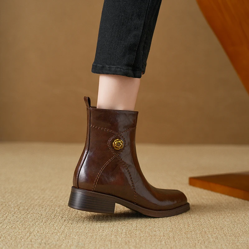 : женские винтажные ботильоны из телячьей кожи с фурнитурой Gold Rose боковой молнией