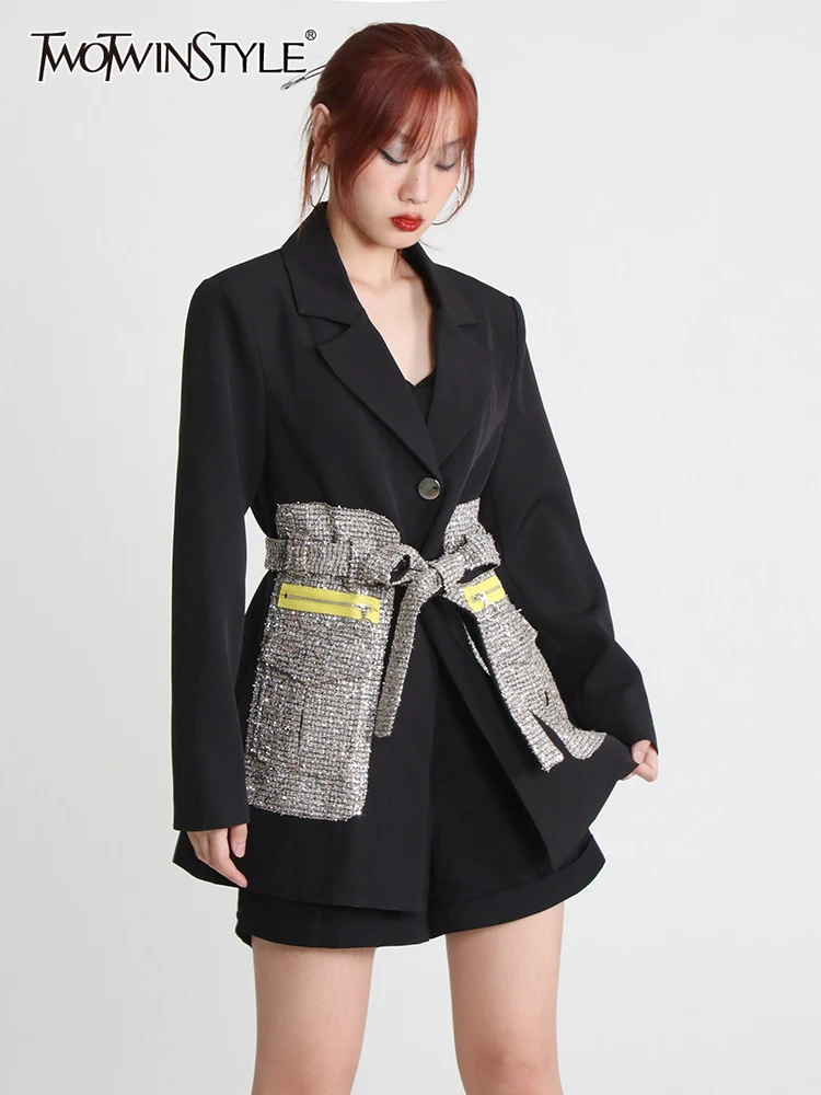 

TWOTWINSTYLE Colorblock Blazer For Women Notched Collar Long Sleeve Patchwork Lace Up Blazers Female 2022 Clothing Fashion Style