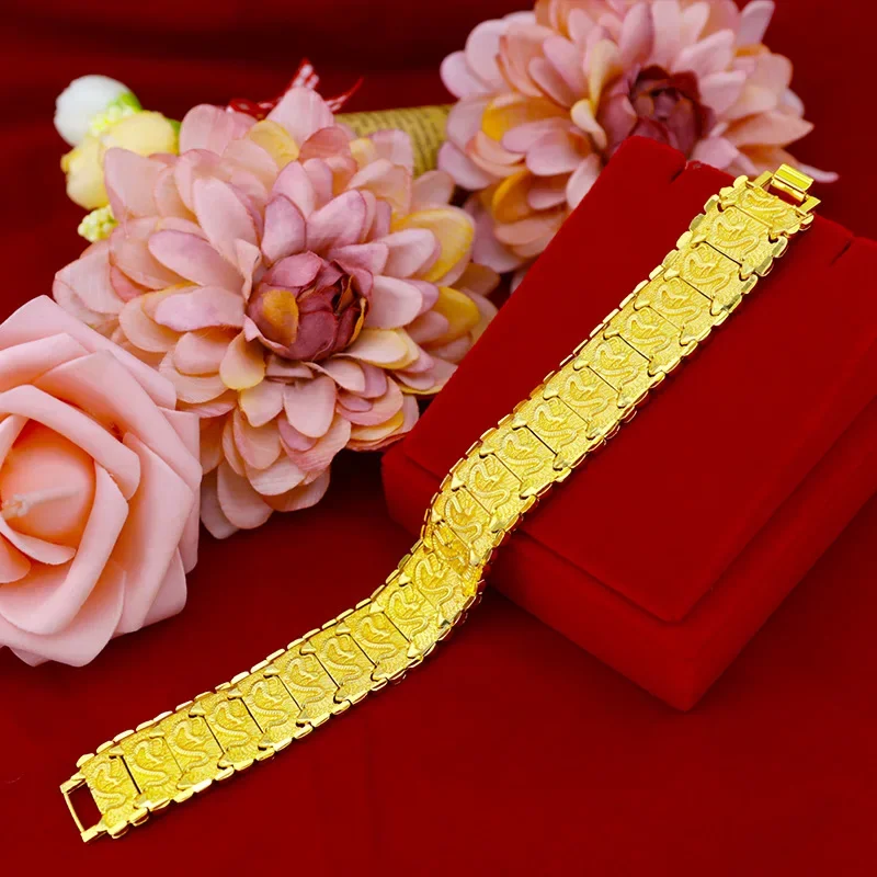 Мужской широкий золотистый браслет Ширина 20 мм 24 К с желтым драконом