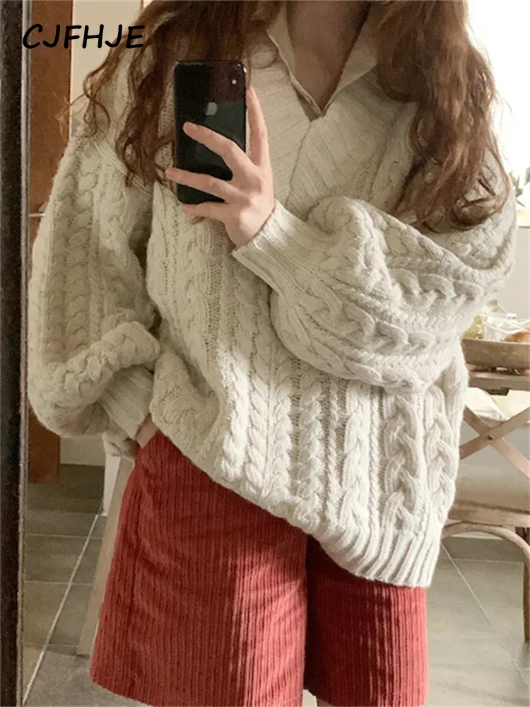 

CJFHJE Winter Pink Knitted Sweater Female V-neck Loose Orange Wool Pullovers Lady Korean Style Oversize Sweaters Women Clothing