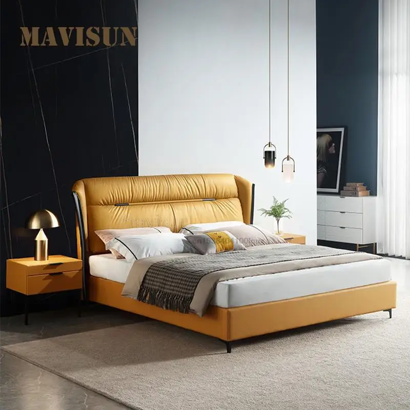 Italian Style Bedroom Minimalist Light Luxury Leather Art Bed Modern Master Bedroom Leather Modern Solid Wood Simple Double Bed
