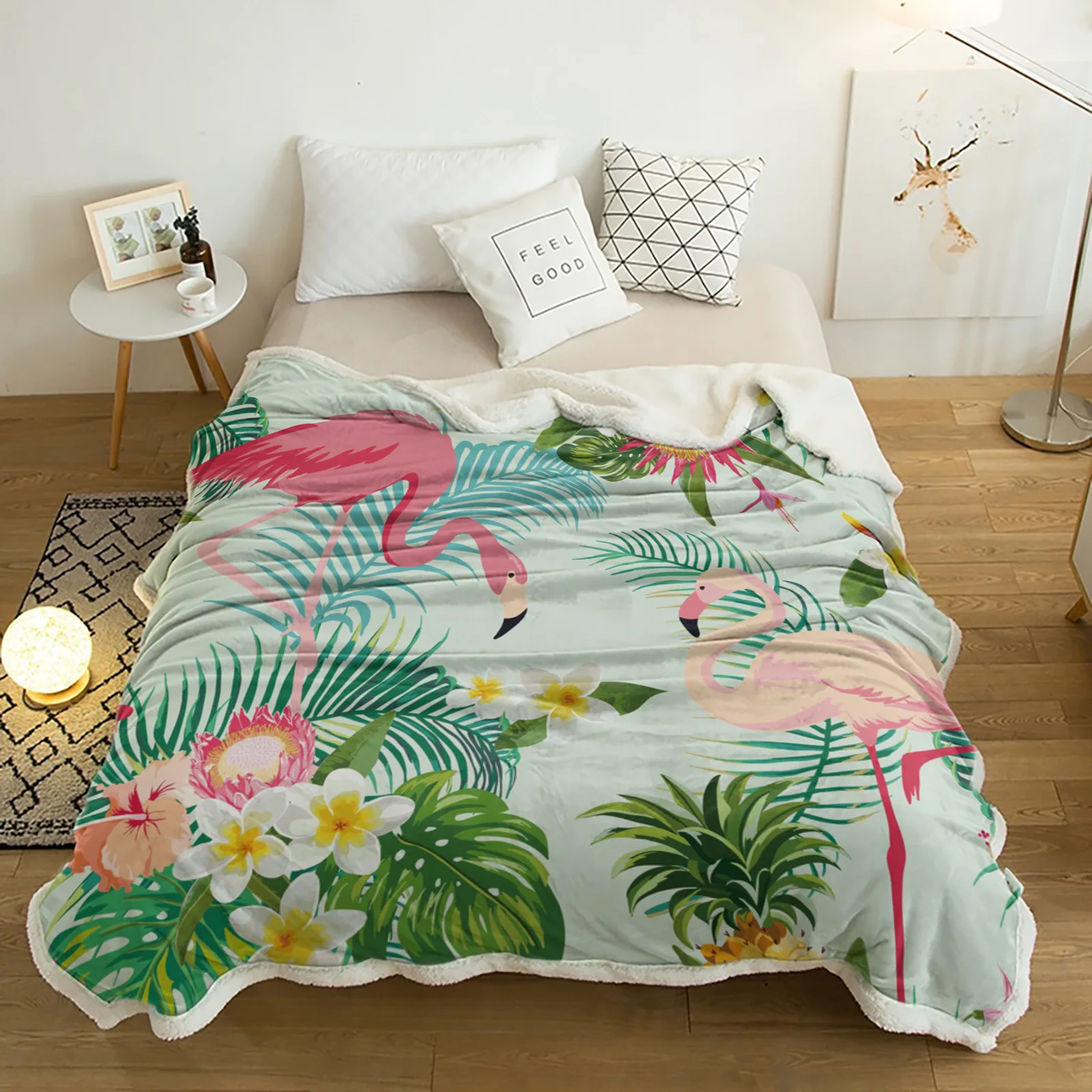 

Flamingo Tropical Plant Flower Plush Throw Blanket Sherpa Fleece Bedspread Blankets Sofa Cover Bedding Picnic Wool Soft Blanket