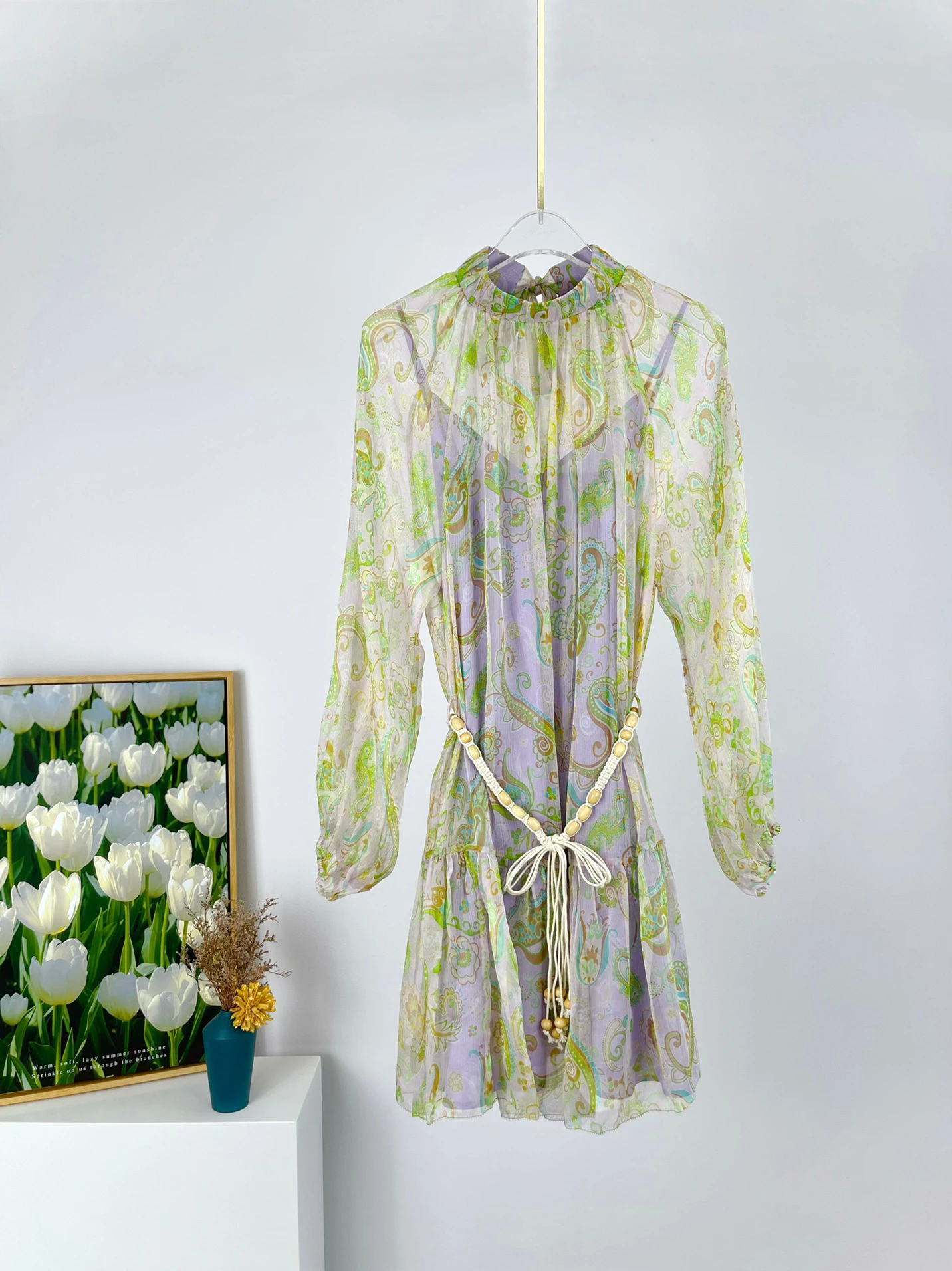 

High Quality Women Stand Collar Long Sleeve Cashew Blossom Print silk Loose Mini Dress