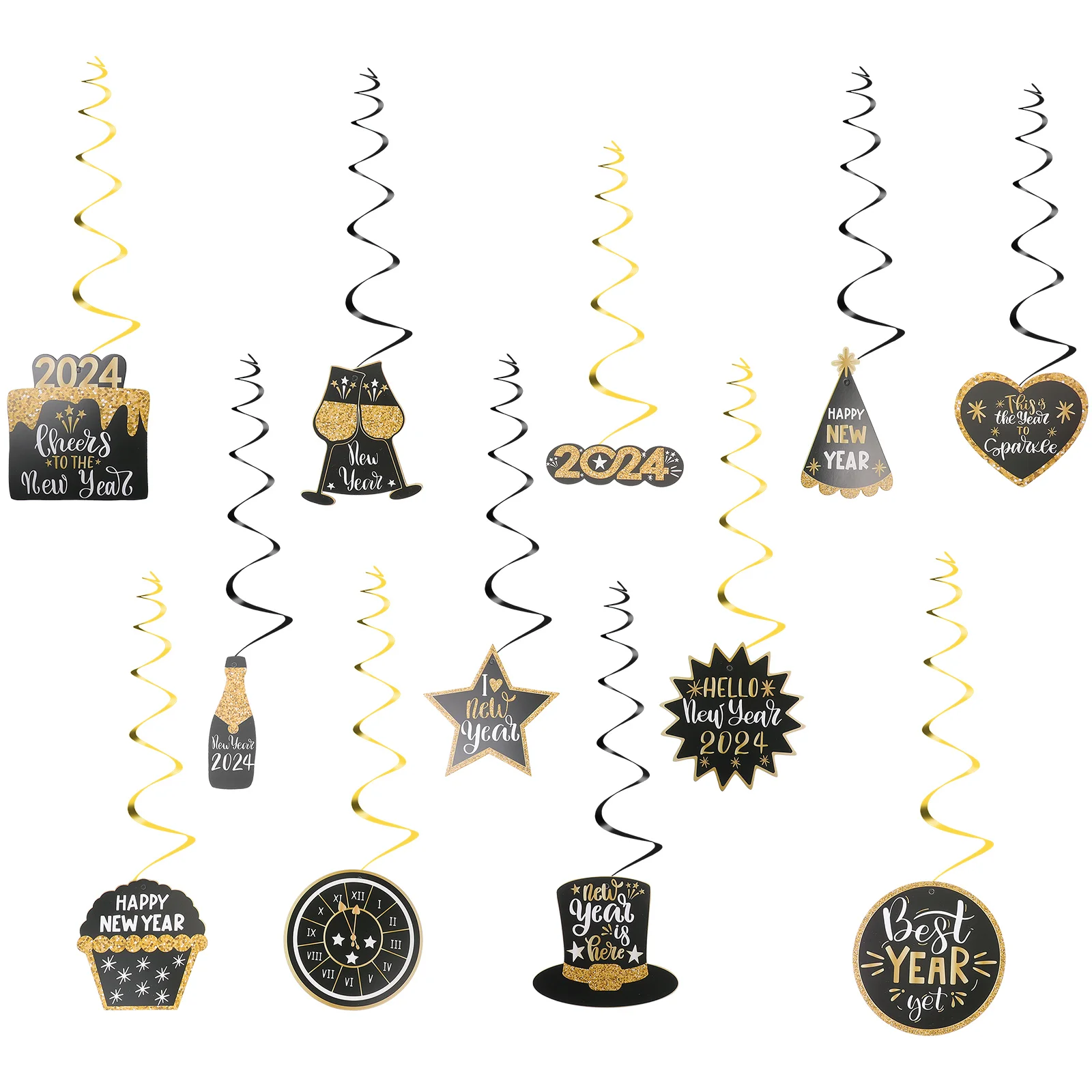 

12Pcs Happy New Year Swirl Decoration 2024 New Year Swirl Pendant Decoration