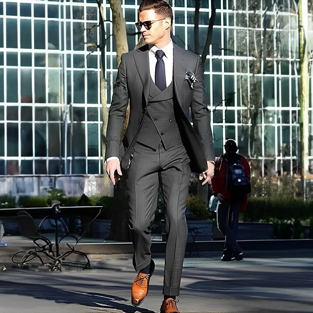 Темно-серый мужской костюм деловой смокинг для жениха Блейзер брюки жилет набор