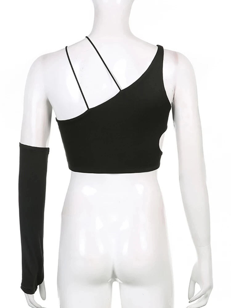 Ажурные сексуальные асимметричные женские футболки Y2k с одним рукавом