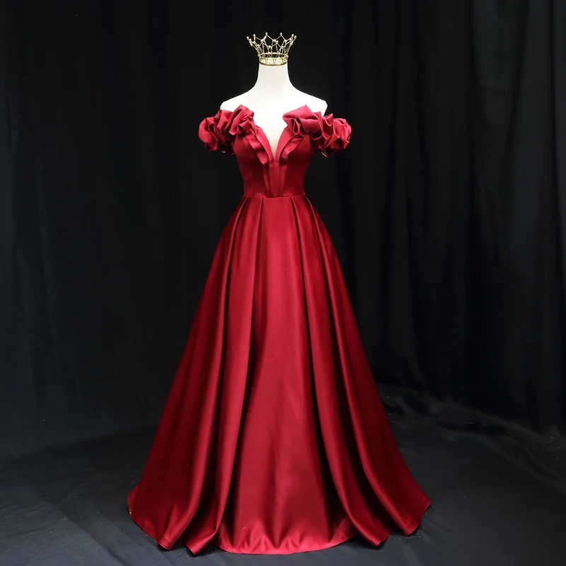 Женское вечернее платье с коротким рукавом, бордовое блестящее атласное плиссированное платье-трапеция с открытыми плечами, со шнуровкой, длиной до пола, B2195