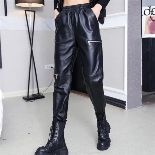 Luxury brand Cargo Women Genuine Leather Pants Woman Real Sheepskin High Waist Trousers Korean Style Mujer Pantalones TN2418