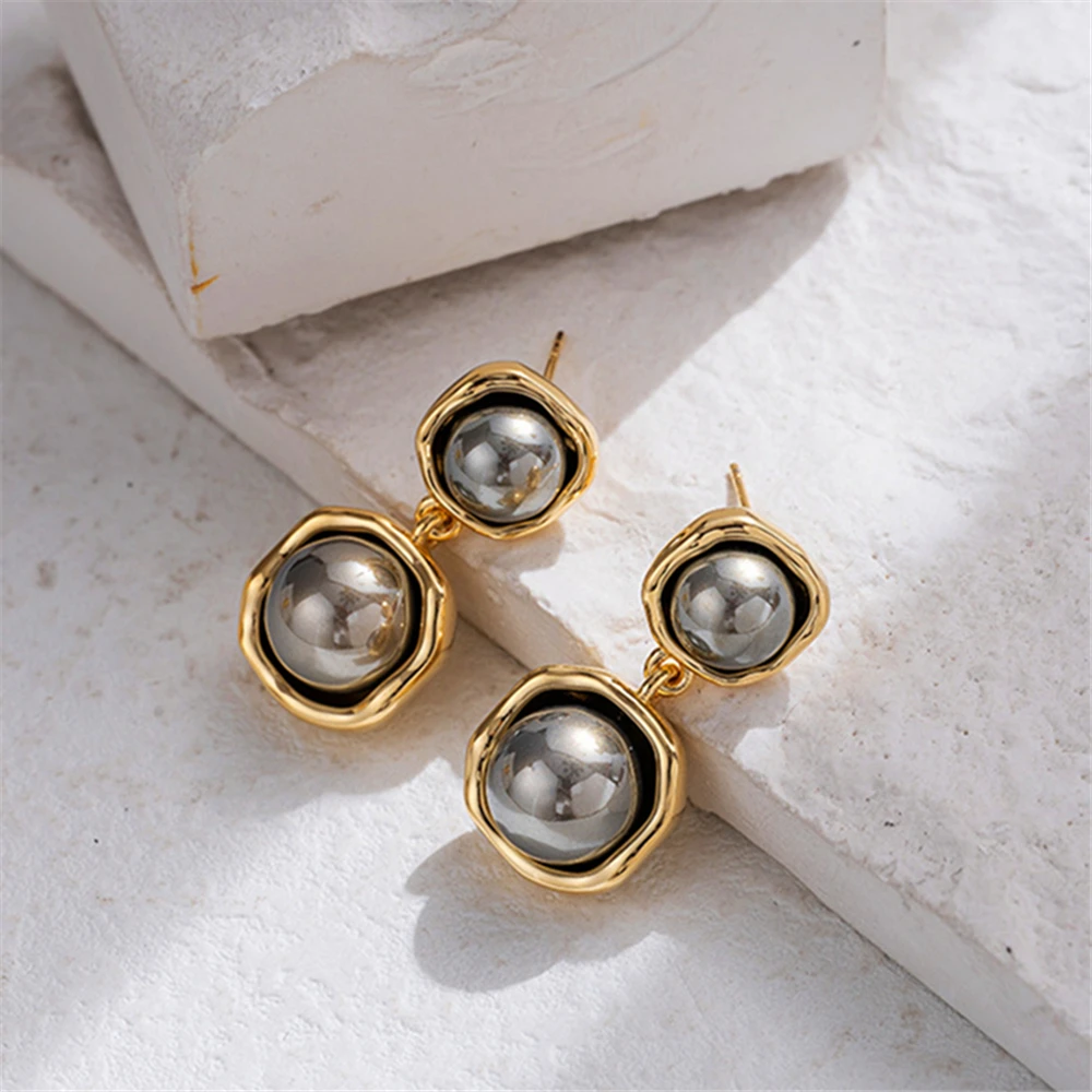 

European Trend New Metallic Grey Imitation Pearl Pendant Earrings For Women Fashion Retro Style Girl Jewelry Gifts