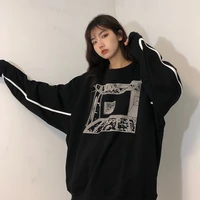 amekaji thread black pullover men and women japanese fashion brand long sleeved loose hoodie black plush printed hoodies