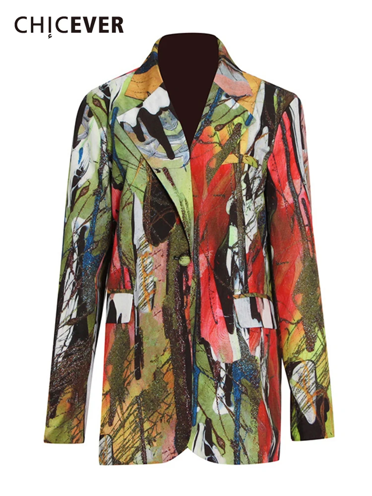 

CHICEVER Casual Print Colorblock Coat For Women Lapel Collar Long Sleeve Patchwork Pockets Loose Coats Female 2022 Clothing New