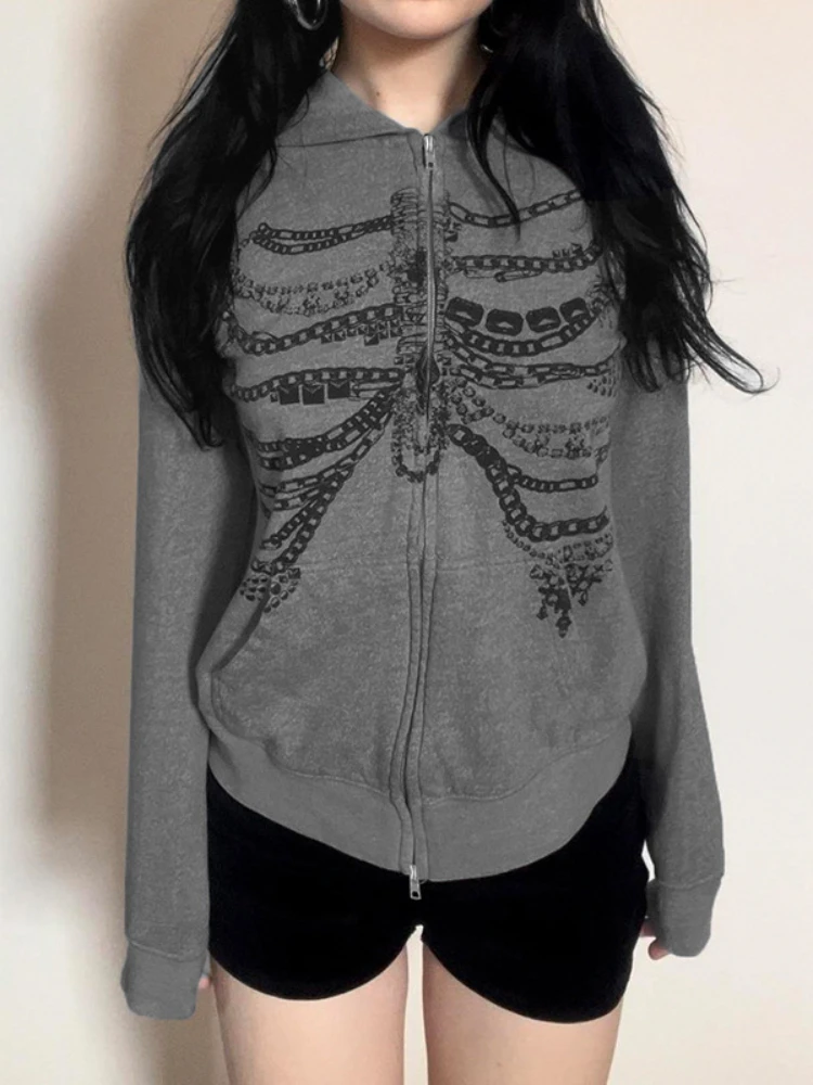 Худи на молнии с принтом цепей и скелета в готическом стиле