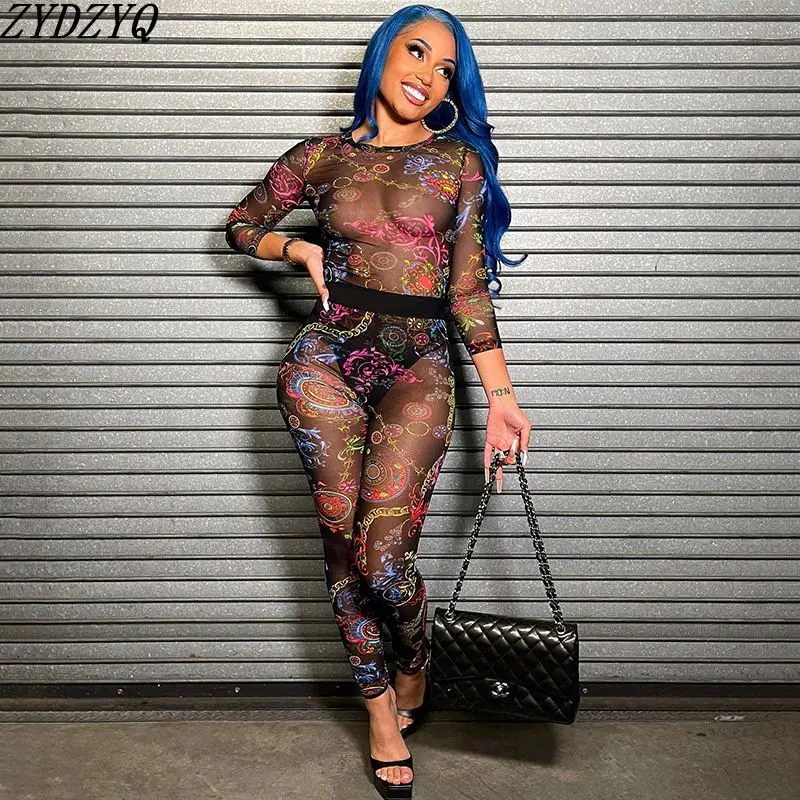 

ZYDZYQ сексуальный комплект из 2 предметов женская одежда летнее Сетчатое боди с принтом брюки Комплекты Y2k одежда для отпуска одежда для улицы...