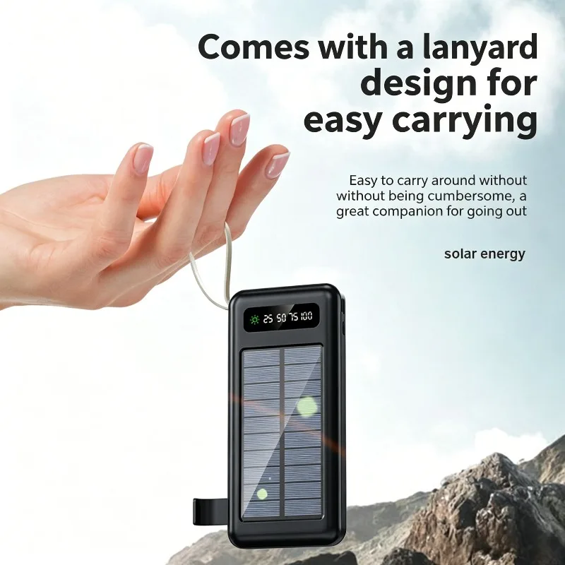 Фото Новый внешний аккумулятор (Power Bank) 20000/10000 мАч со встроенным кабелем для iPhone, Xiaomi и Samsung, с солнечной зарядкой №3