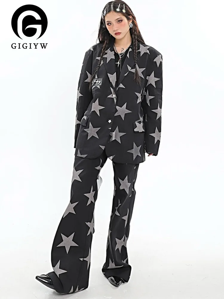 

[GIGIYW] Washed Grey Star Denim Medium Long Suit Coat New Tailored Tie Dye Button Jacket Women Blazer Loose Autumn 2022 New