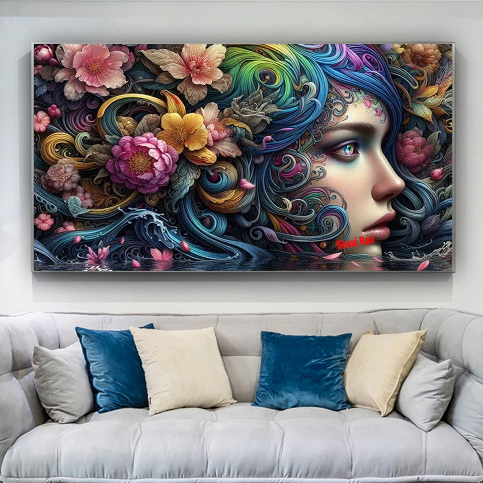 Алмазная картина Таинственные волны Цветы Женщина Полный круглый квадрат 5D Diy