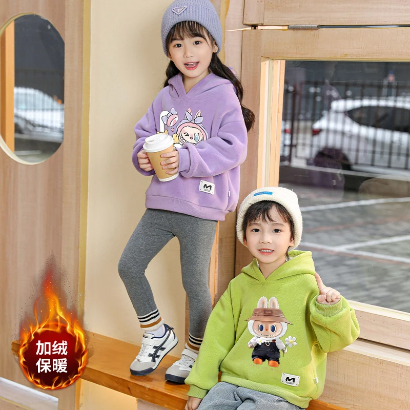 Labubu Sweatshirt Thickened Fleece Tops Autumn Winter High Quality Hooded Kids Pullover Boys Girls Baby Clothes Birthday Gift