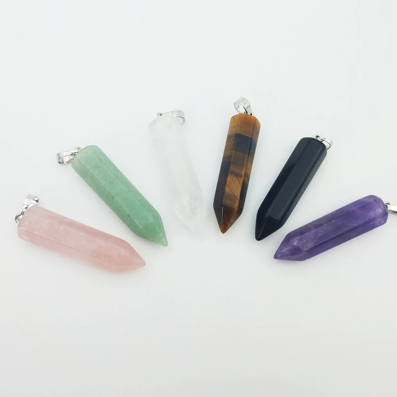 

Silver Bail Natural Stone Pendant Reiki Rose Quartz Tiger Eye Obsidian Hexagon Point Healing Crystal for Making Necklace Jewelry