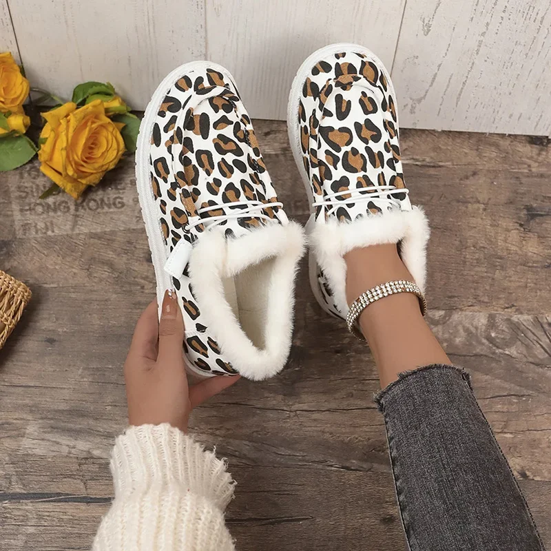 

Женские кроссовки на плоской подошве, ботильоны с мехом и леопардовым принтом, модная зимняя теплая обувь, дизайнерская короткая плюшевая прогулочная женская обувь, 2024