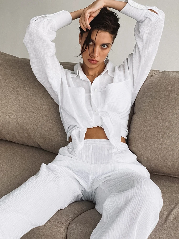 Restve Cotton Women's Nightwear White 2 Piece Sets Long Sleeve Sleepwear Female Casual Trouser Suits Loose Pajamas Winter 2022