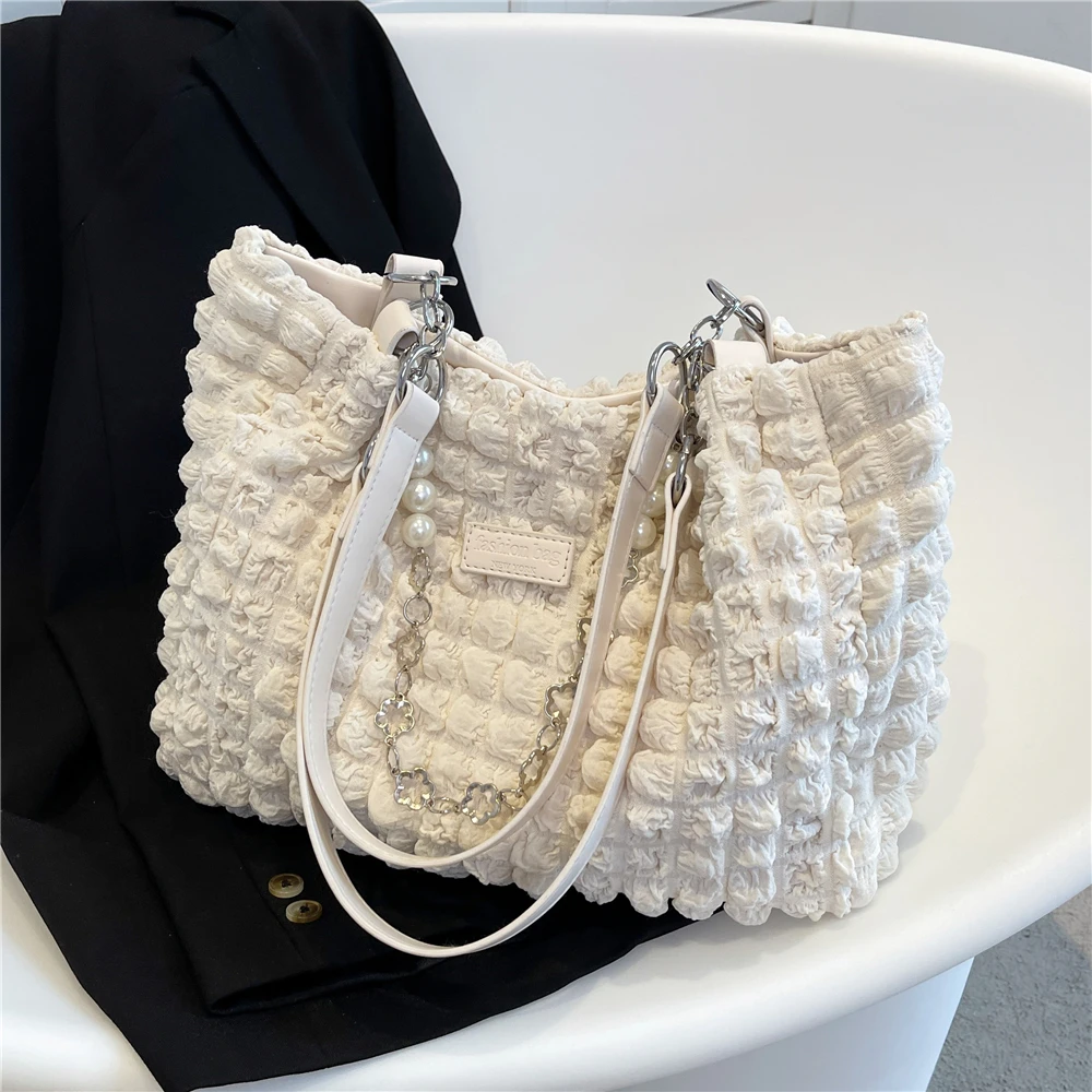 

Burminsa Bubble Pleated Fabric Large Shoulder Tote Bags For Women New 2022 Trend Quilted Shopper Work Ladies Handbags White Pink
