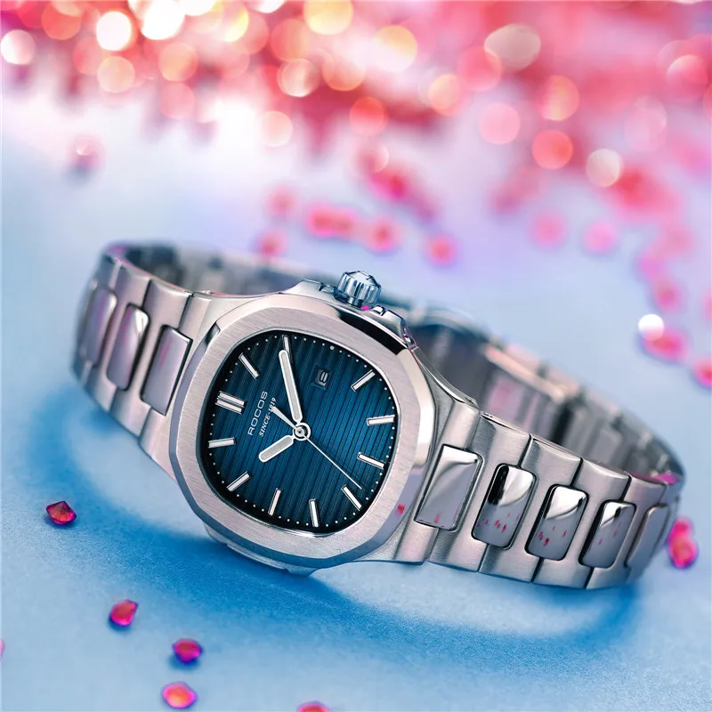 ROCOS Women's Waterproof Quartz Watch Luxury Women Bracelet Quartz Blue Dial Square Watch Stainless Steel Quartz Watch