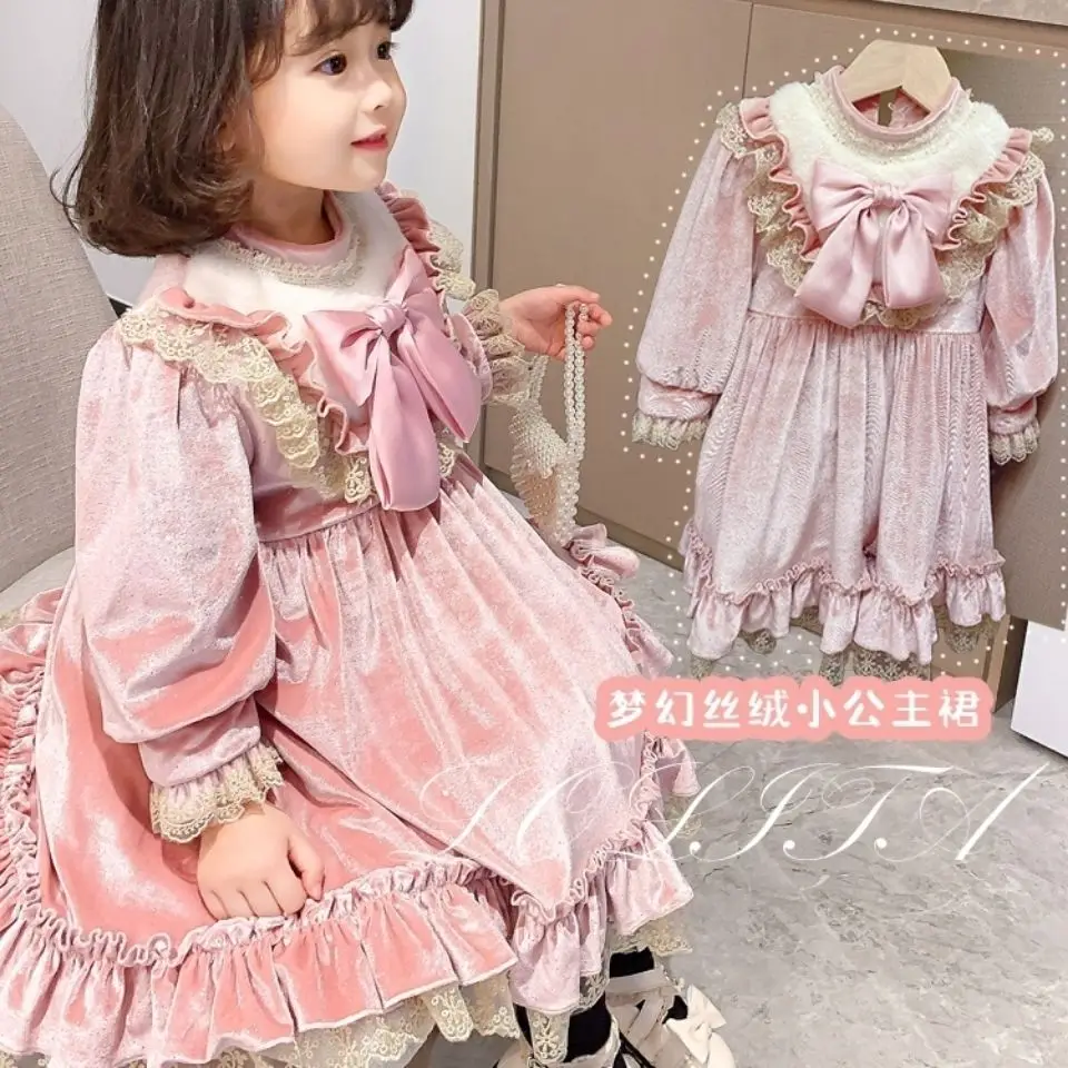 

Baby girl Vintage Spanish Autumn Winter Velvet Kawaii Bow Lace Pompom Ball gown Princess Lolita Dress Party Christmas Clothing