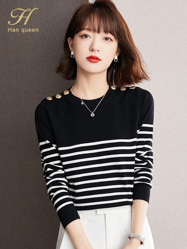 

Осенний Топ H Han Queen, новинка, корейский эластичный вязаный пуловер, Свитера шикарная на пуговицах, трикотажная рубашка с круглым вырезом, жен...