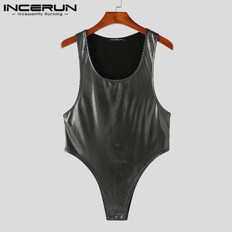 2023 Men Bodysuits Sparkling Sequin O-neck Sleeveless Rompers Tank Tops Streetwear Fitness Sexy Male Bodysuits S-5XL INCERUN