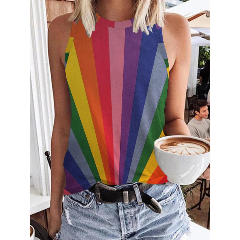

Kanchii summer fashion print personalized sleeveless o-neck tank top slim fit stitching color women's tank top women's